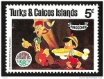Stamps : America : Turks_and_Caicos_Islands :  TURKS & CAICOS ISLANDS 1980 Scott448 Sello Nuevo Disney Escenas de Pinocchio Navidad 5c