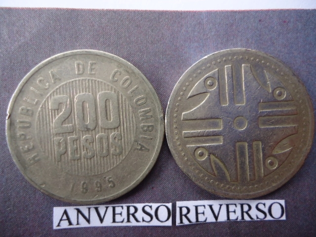 Rep.de Col. $200,oo (anv.)Fig. Precolombina, culturas quimbayas.(rev.)