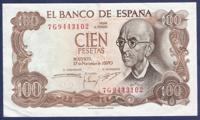 Billete Manuel de Falla 100 ptas serie 7G EBC