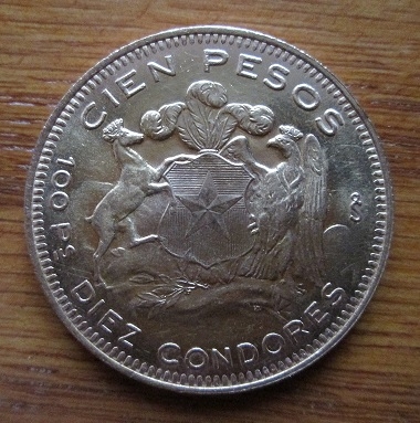MONEDA CHILE CIEN PESOS, DIEZ CONDORES (ANVERSO)