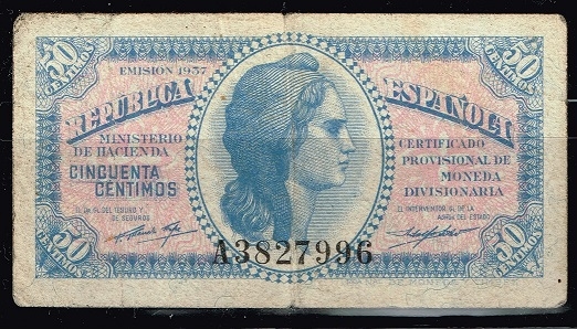 Anverso de billete de 50 c�ntimos de Rep�blica  Espa�ola