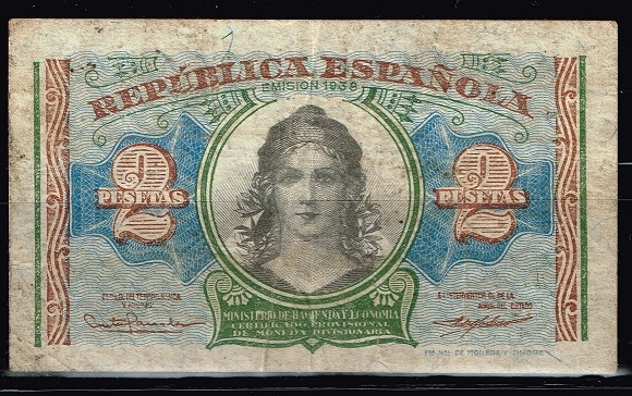 Anverso de billete de 2 pesetas de Rep�blica  Espa�ola