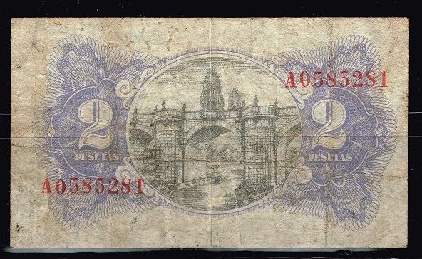 Reverso de billete de 2 pesetas de Rep�blica  Espa�ola