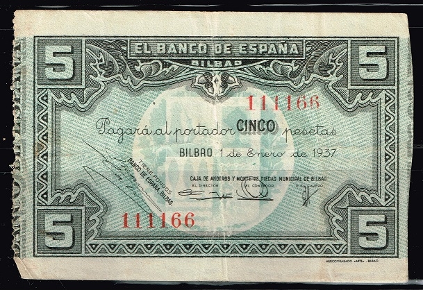 Anverso de billete de 5 pesetas del Banco de Espa�a.  Bilbao