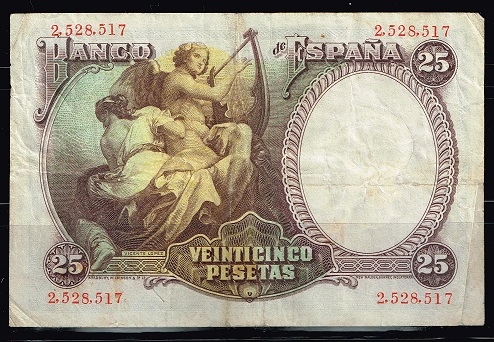 Reverso de billete de 25 pesetas del Banco de Espa�a
