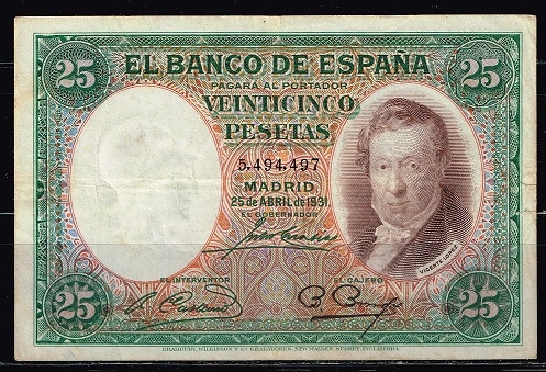 Anverso de billete de 25 pesetas del Banco de Espa�a