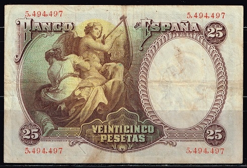 Reverso de billete de 25 pesetas del Banco de Espa�a