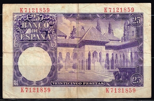 Reverso de billete de 25 pesetas del Banco de Espa�a