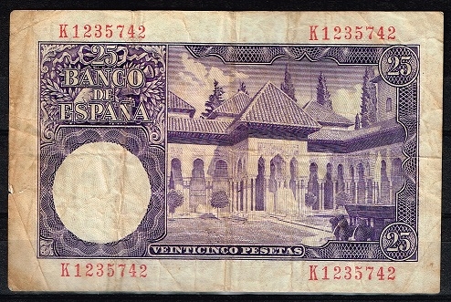 Reverso de billete de 25 pesetas del Banco de Espa�a
