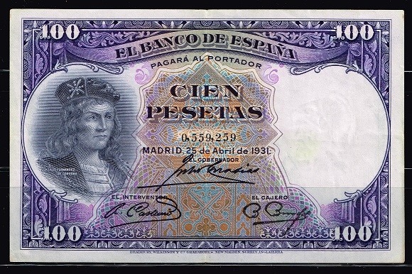 Anverso de billete de 100 pesetas del Banco de Espa�a