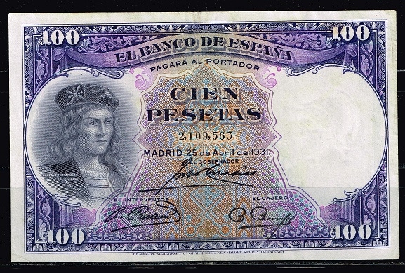 Anverso de billete de 100 pesetas del Banco de Espa�a