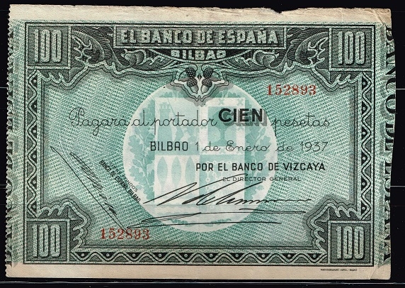 Anverso de billete de 100 pesetas del Banco de Espa�a.  Bilbao