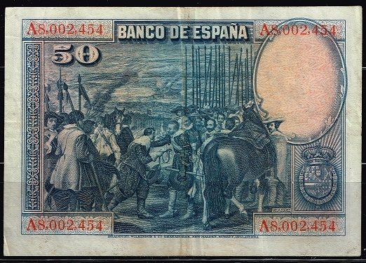 Reverso de billete de 50 pesetas.
