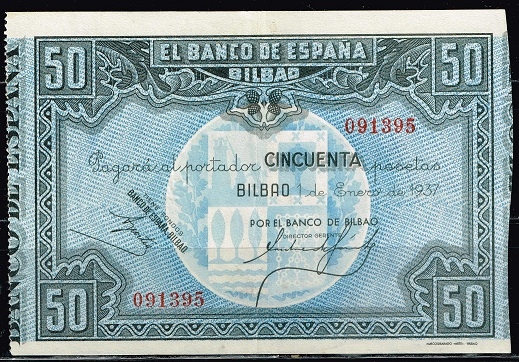 Anverso de billete de 50 pesetas. Bilbao