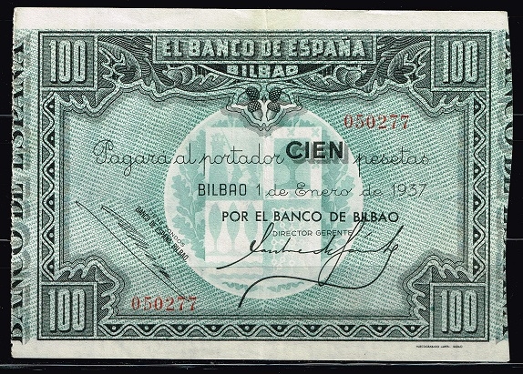 Anverso de billete de 100 pesetas. Bilbao