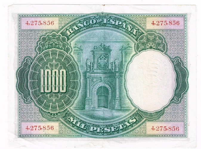 Reverso de billete de 1000 pesetas. 