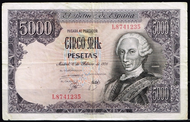 Anverso de billete de 5000 pesetas. 