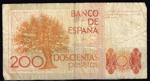 Reverso de billete de 200 pesetas.