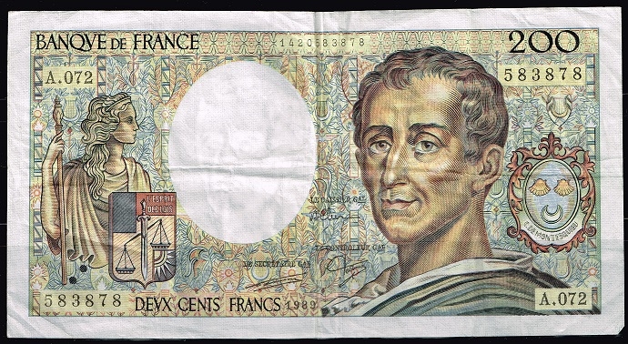 Reverso de billete de 200 francoss.