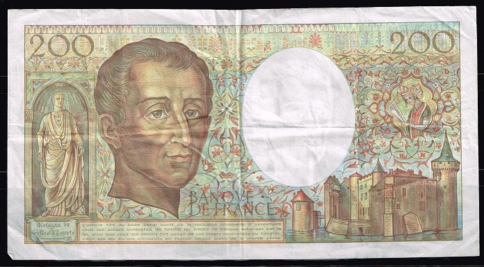 Reverso de billete de 200 francoss.