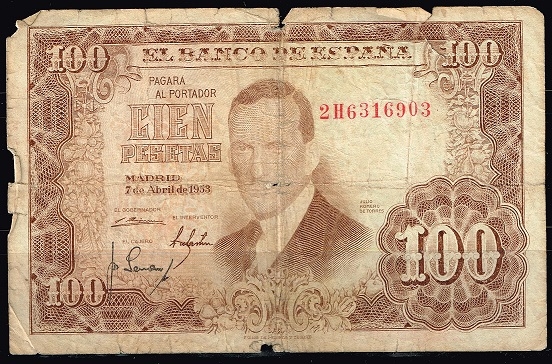 Anverso billete de 100 pesetas.