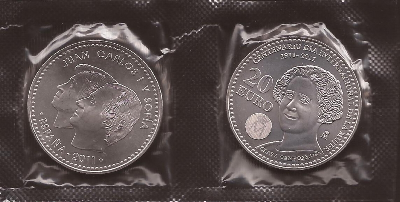 20 euros Juan Carlos I y Sof�a. Centenario D�a Internacional de la Mujer. 2011