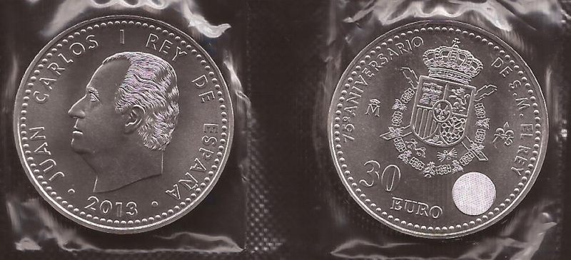 30 euros. 75 Aniversario de S.M. Juan Carlos I.  2013