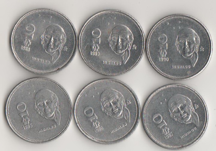 LOTE DE 6 MONEDAS DE $10.00 HIDALGO 1985-1990