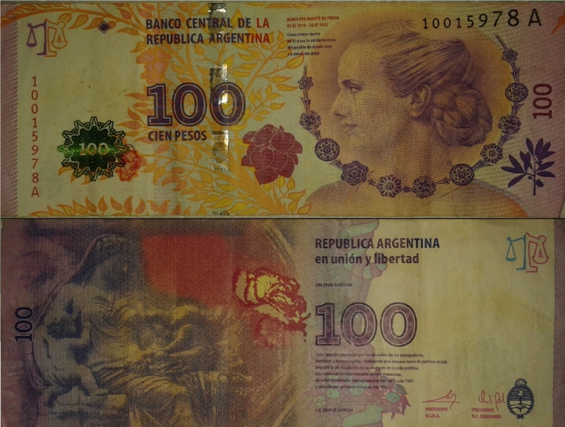 Nuevo billete 100 pesos argentinos Eva Per�n fuera de circulaci�n por errores de dise�o- Baja numera