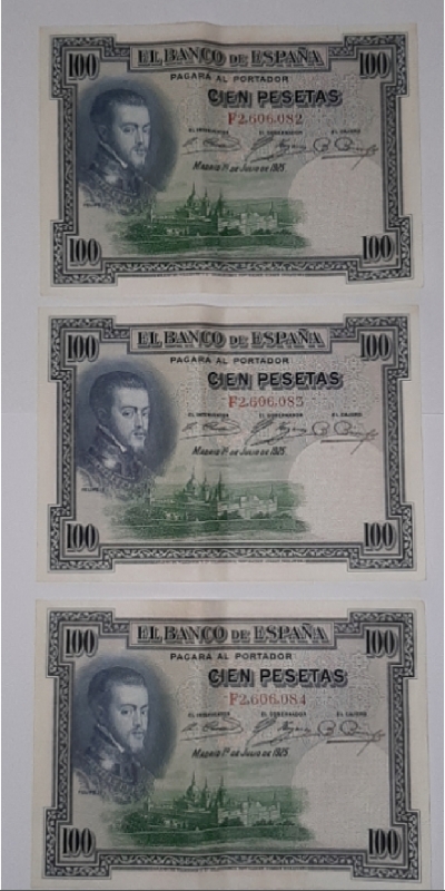 3 Billetes 100 PESETAS SIN CIRCULAR 1925 , SERIE F 