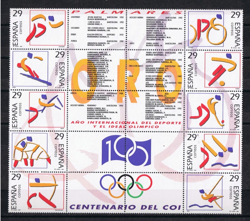 Edifil  3325-34  Deportes. Olímpicos de Oro   Hoja con los diez sellos