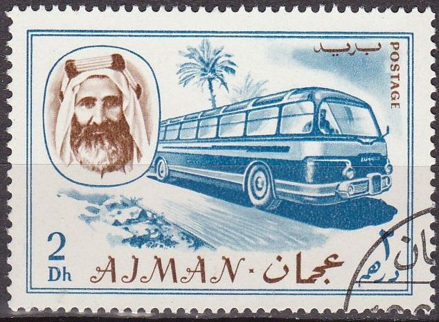 Ajman 1967 Sello Michel 128 Sheik Rashid bin Humaid al Naimi y Autobus 2Dh matasellado