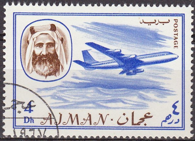 Ajman 1967 Sello Michel 130 Sheik Rashid bin Humaid al Naimi y Avión 4Dh matasellado