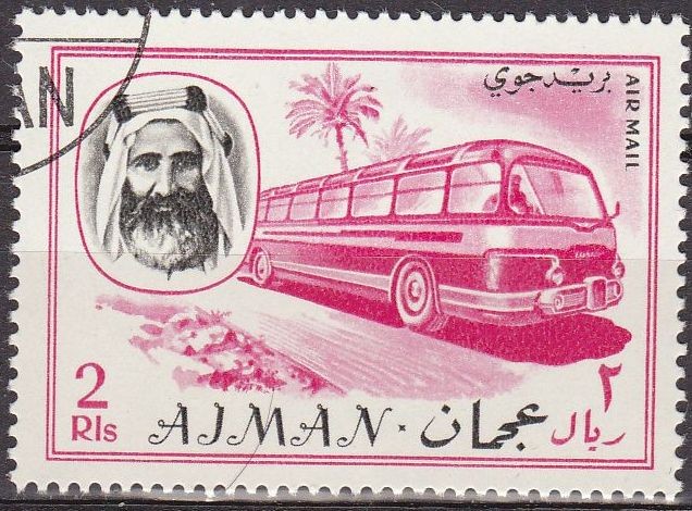 Ajman 1967 Sello Michel 137 Sheik Rashid bin Humaid al Naimi y Autobus 2Rl matasellado