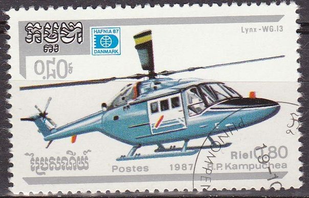 CAMBOYA 1987 Scott 814 Sello Helicopteros Westiand Lynx WG-13 matasellado Cambodia Cambodge