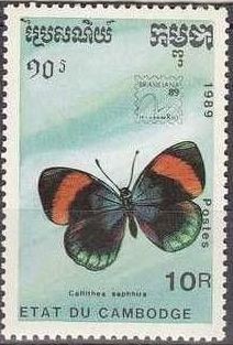 CAMBOYA 1989 1000 Sello Nuevo Mariposas Butterflies Brasiliana Calliltea Sapphira Cambodia Cambodge