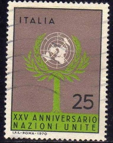 Italia 1970 Scott 1023 Sello XXV Aniversario ONU Arbol y Anagrama usado