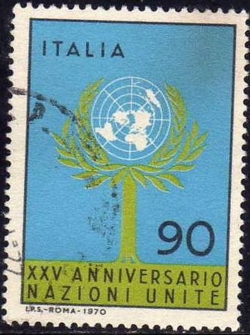 ITALIA 1970 Scott 1024 Sello XXV Aniversario ONU Arbol y Anagrama usado 90L