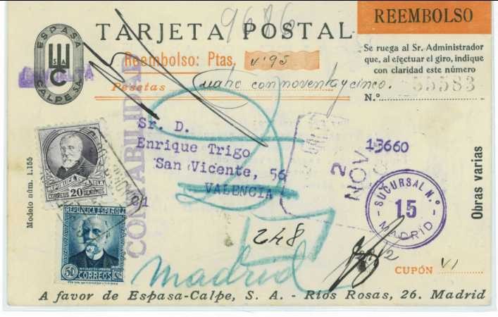 Tarjeta a reembolso circula en 1936 y devuelta al remitente