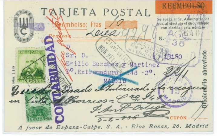 Tarjeta a reembolso circulada en 1936 y devuelta al remitente