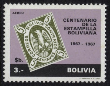 Centenario de la estampilla boliviana. Challa 1863. Condor 1867.