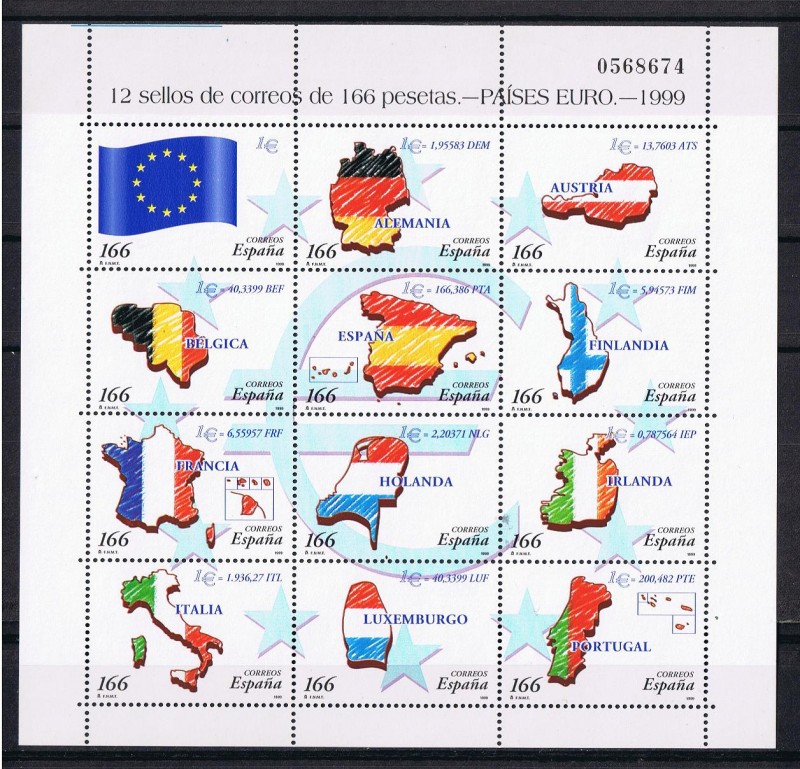 Edifil  3632-43  Paises del Euro.  Banderas y mapas de los Paises   Mininipliego de doce sellos