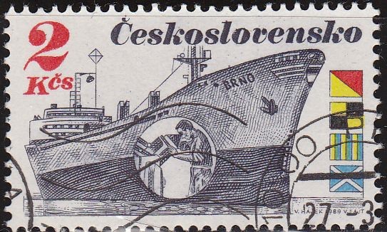 CHECOSLOVAQUIA 1989 Scott 2738 Sello Nuevo Barcos Republika Brno y Banderas Matasello de favor Preob