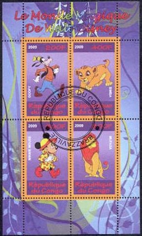 Congo 2009 Sello HB Disney Rey León Goofy Matasello de favor Preobliterado