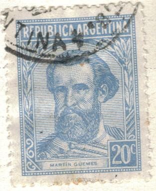 ARGENTINA 1935 (MT372) Emision definitiva. Proceres y riquezas Nacionales I - Juan Martin Guemes 20c