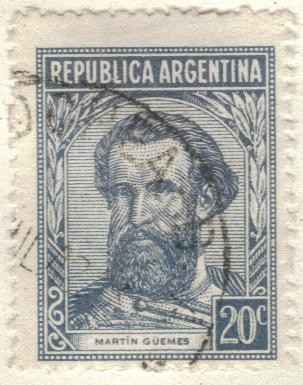 ARGENTINA 1935 (MT372) Emision definitiva. Proceres y riquezas Nacionales I - Juan Martin Guemes 20c
