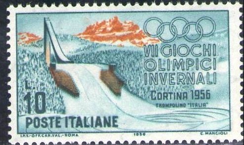 Italia 1956 Scott 705 Sello Nuevo Olimpiadas de Invierno Cortina d'Ampezzo Saltos de Ski Trampolin 