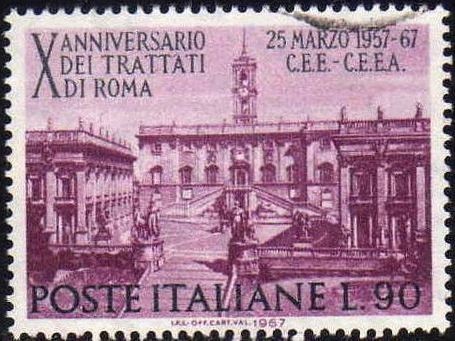 Italia 1967 Scott 950 Sello Sede del Parlamento y Capitolio en Roma Aniversario CEE Usado