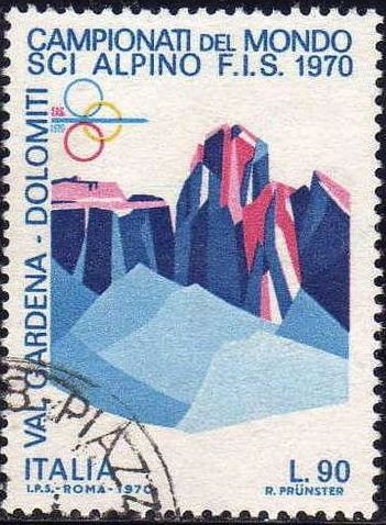 Italia 1970 Scott 1008 Sello Campeonato Mundo Ski Alpino Val Gardena Dolomitas Usado