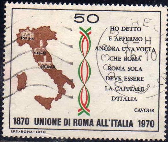 Italia 1970 Scott 1019 Sello Union de Italia Roma Capital y Frase de Cavour (1870-1970) Usado